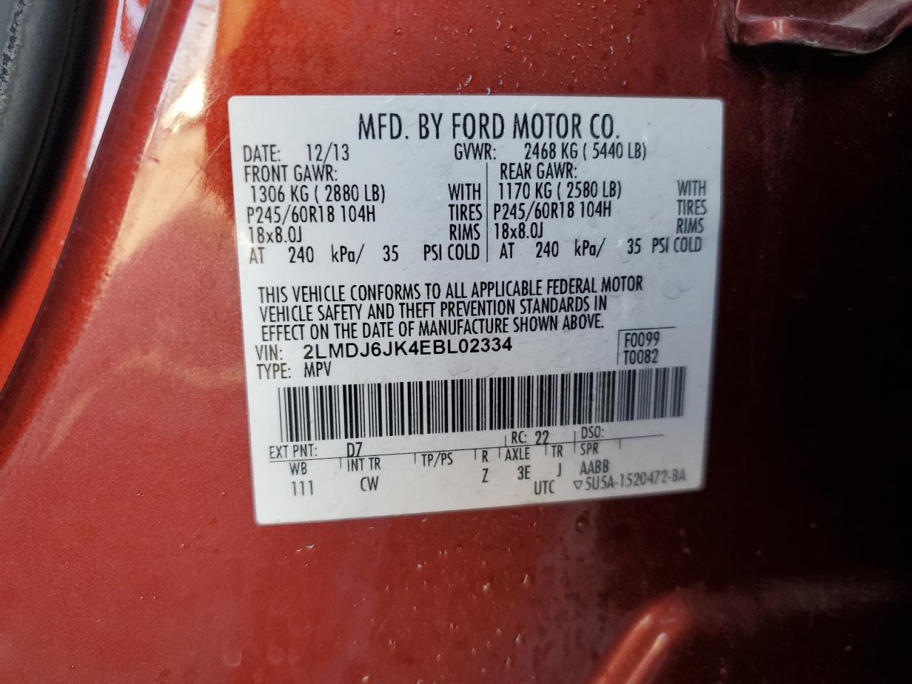 2014 Lincoln Mkx VIN: 2LMDJ6JK4EBL02334 Lot: 84244605