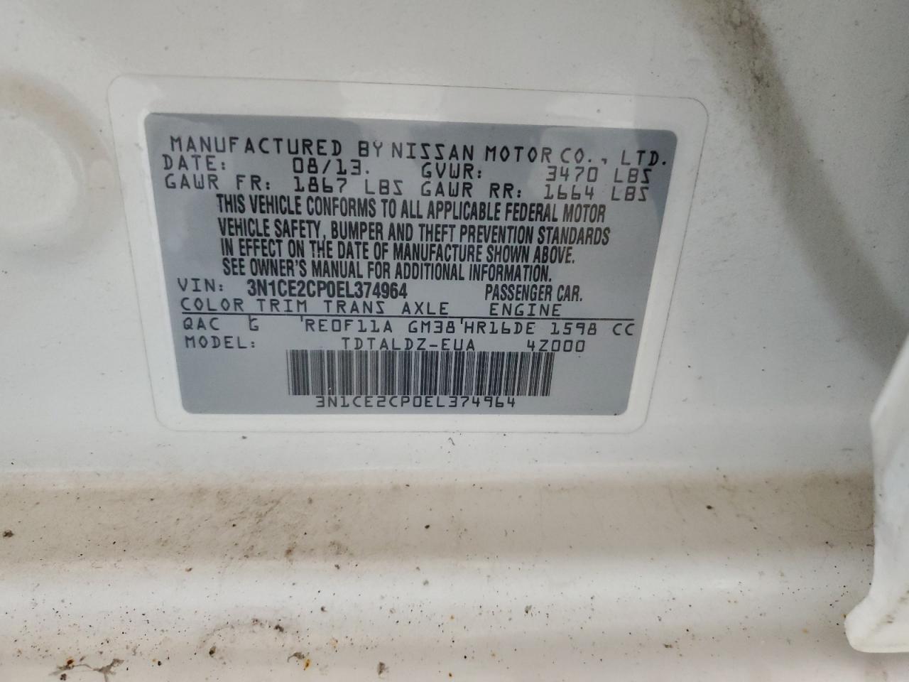 2014 Nissan Versa Note S VIN: 3N1CE2CP0EL374964 Lot: 80700515