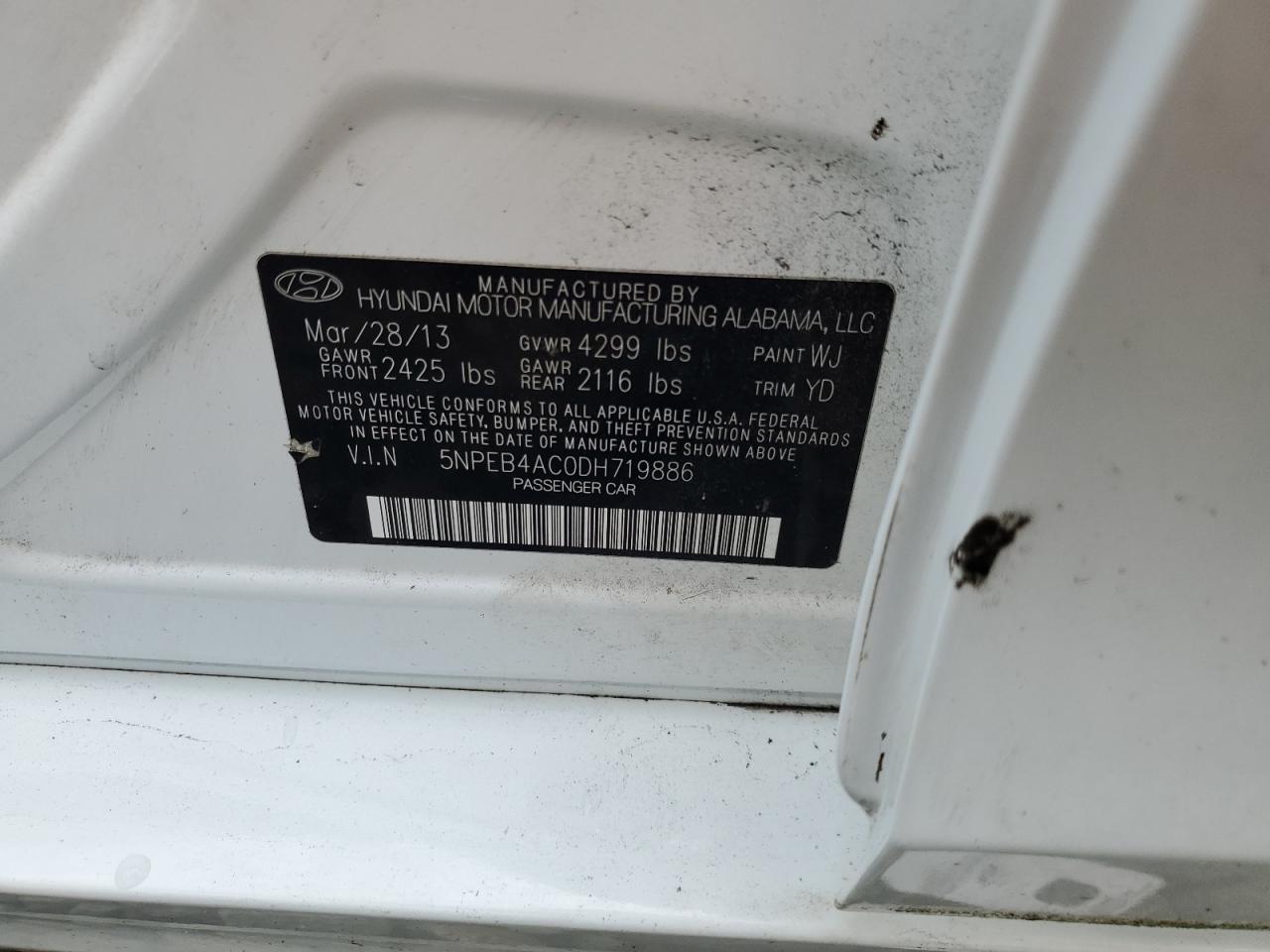 2013 Hyundai Sonata Gls VIN: 5NPEB4AC0DH719886 Lot: 84275125