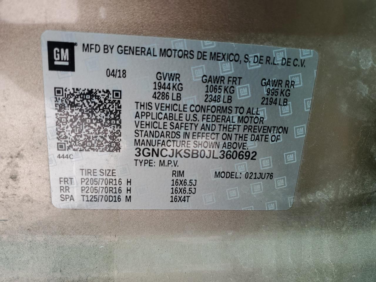 2018 Chevrolet Trax Ls VIN: 3GNCJKSB0JL360692 Lot: 83869195