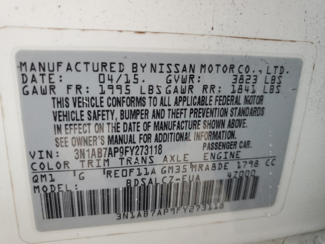 2015 Nissan Sentra S VIN: 3N1AB7AP9FY273118 Lot: 84237005