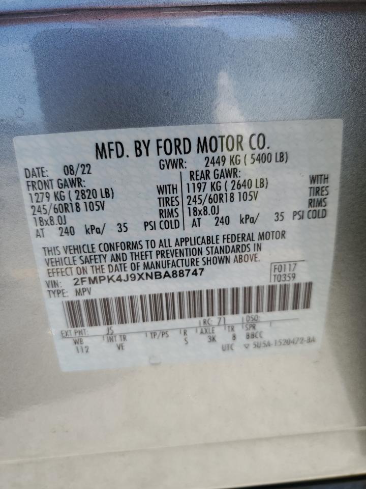 2022 Ford Edge Sel VIN: 2FMPK4J9XNBA88747 Lot: 81334385