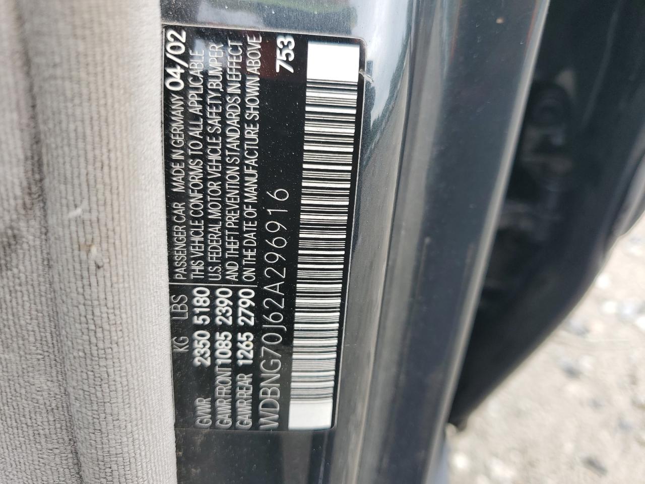 2002 Mercedes-Benz S 430 VIN: WDBNG70J62A296916 Lot: 71226445