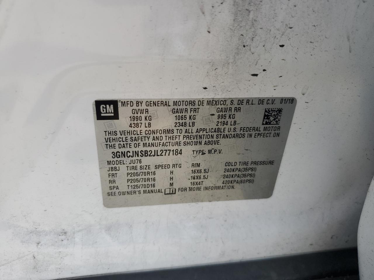 2018 Chevrolet Trax Ls VIN: 3GNCJNSB2JL277184 Lot: 80191915