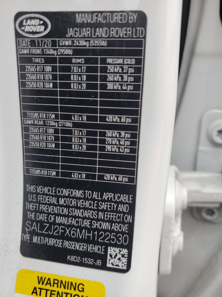 2021 Land Rover Range Rover Evoque S VIN: SALZJ2FX6MH122530 Lot: 85289115