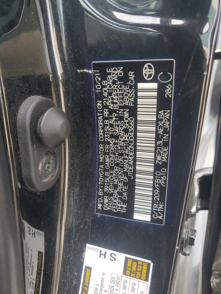 2022 Toyota Corolla Le VIN: JTDEAMDE0NJ043660 Lot: 71100905