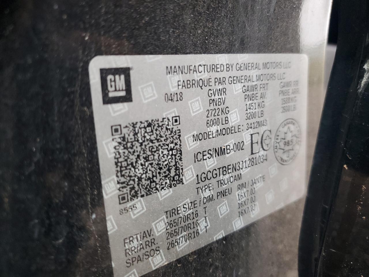 2018 Chevrolet Colorado VIN: 1GCGTBEN3J1281034 Lot: 83753205