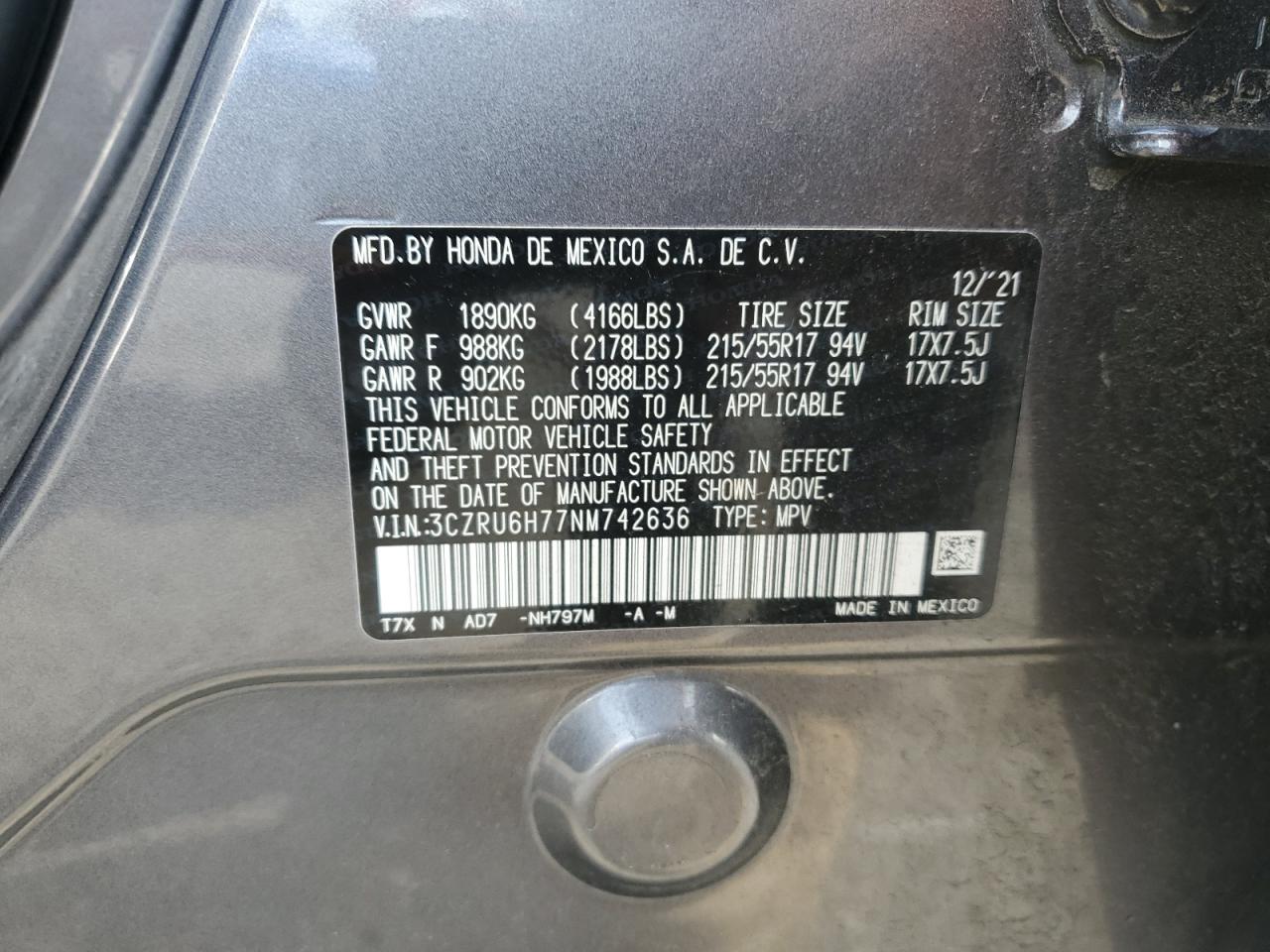 2022 Honda Hr-V Exl VIN: 3CZRU6H77NM742636 Lot: 81941175