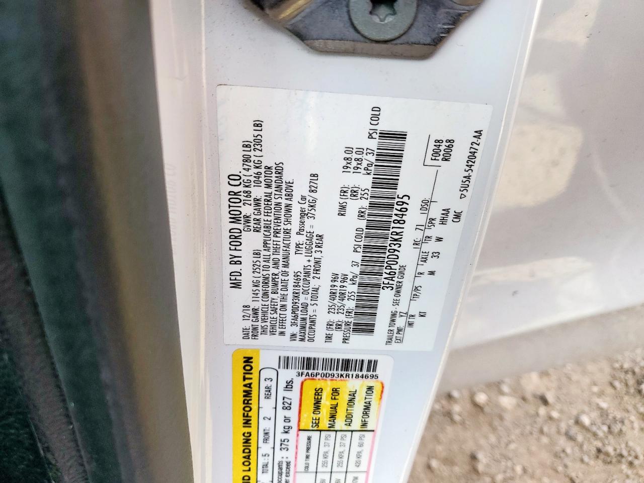 2019 Ford Fusion Titanium VIN: 3FA6P0D93KR184695 Lot: 81810305