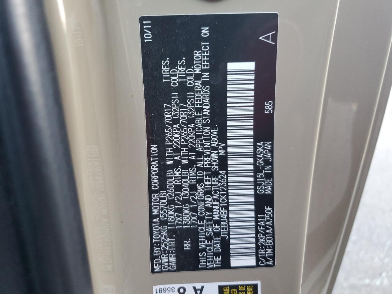 2012 Toyota Fj Cruiser VIN: JTEBU4BF1CK123624 Lot: 80841415