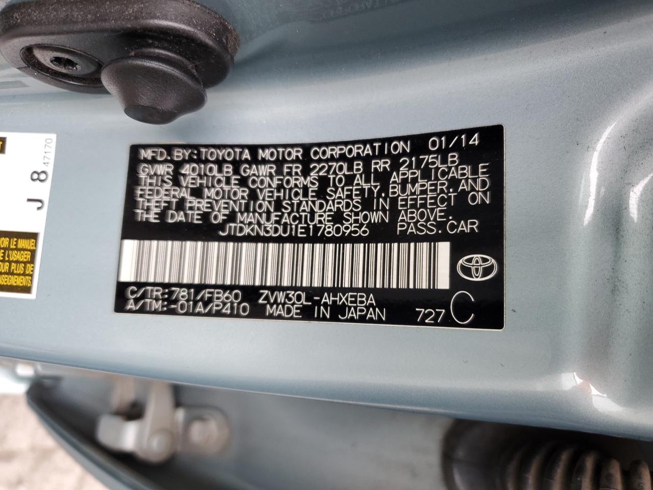 2014 Toyota Prius VIN: JTDKN3DU1E1780956 Lot: 72007385