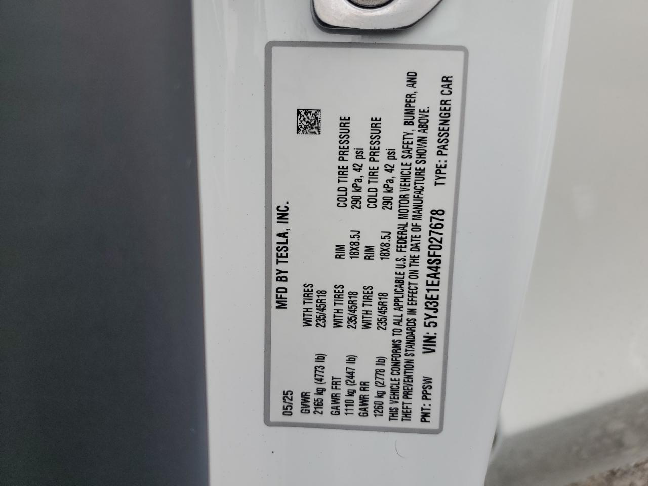 2025 Tesla Model 3 VIN: 5YJ3E1EA4SF027678 Lot: 81749305