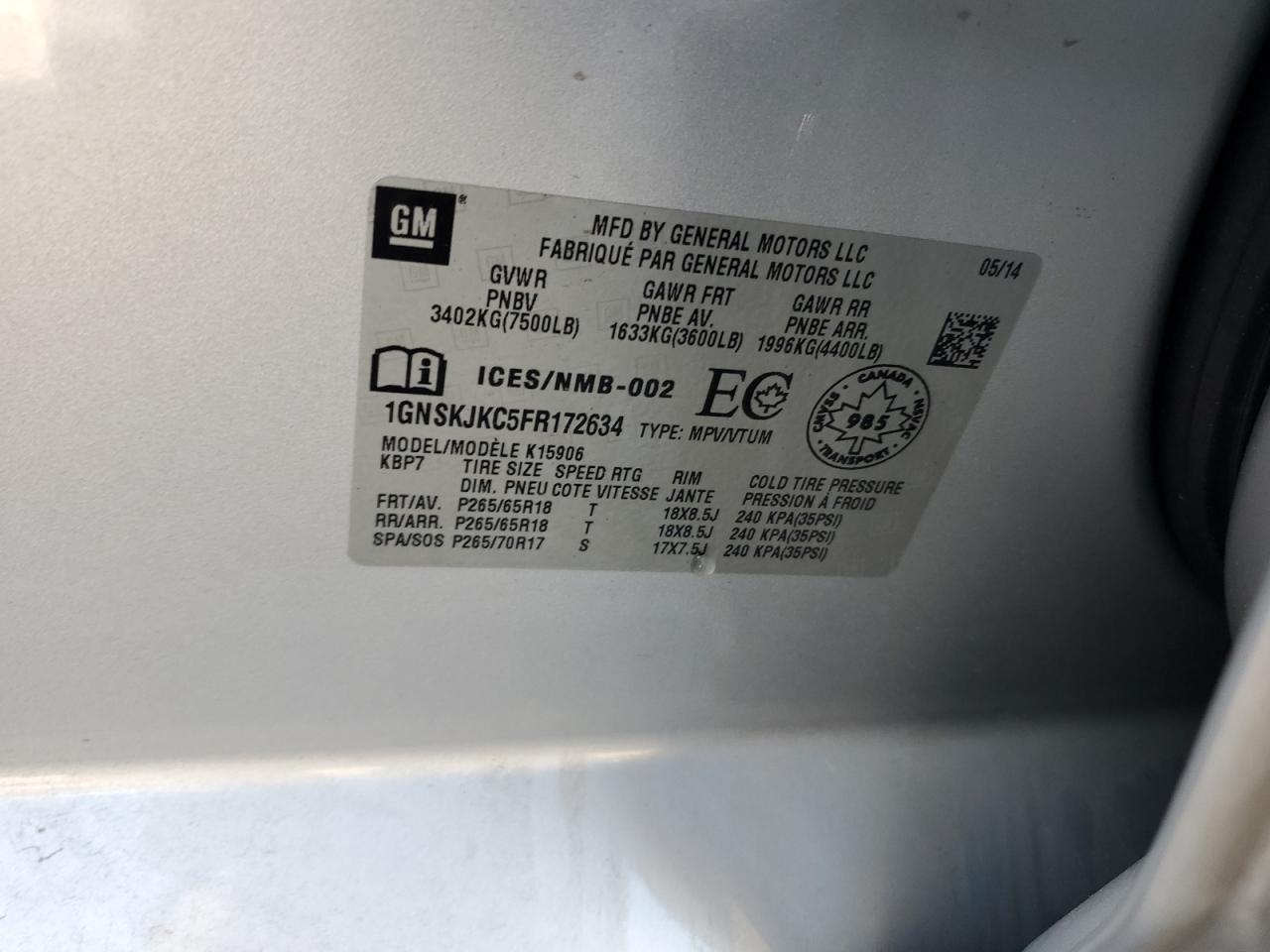 2015 Chevrolet Suburban K1500 Lt VIN: 1GNSKJKC5FR172634 Lot: 84594505