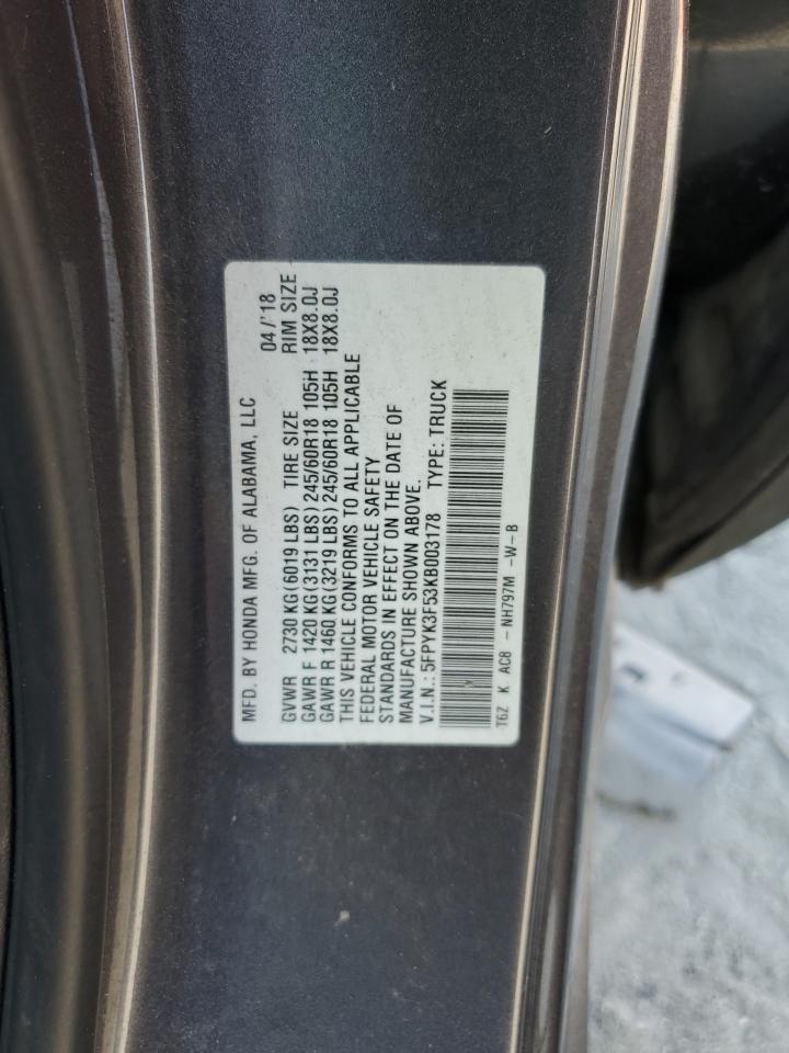 2019 Honda Ridgeline Rtl VIN: 5FPYK3F53KB003178 Lot: 80913915