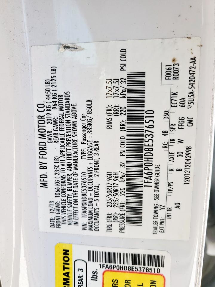 2014 Ford Fusion Se VIN: 1FA6P0HD8E5376510 Lot: 81149985