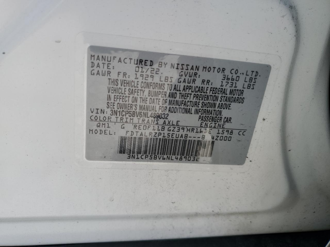 2022 Nissan Kicks S VIN: 3N1CP5BV6NL489032 Lot: 81453145