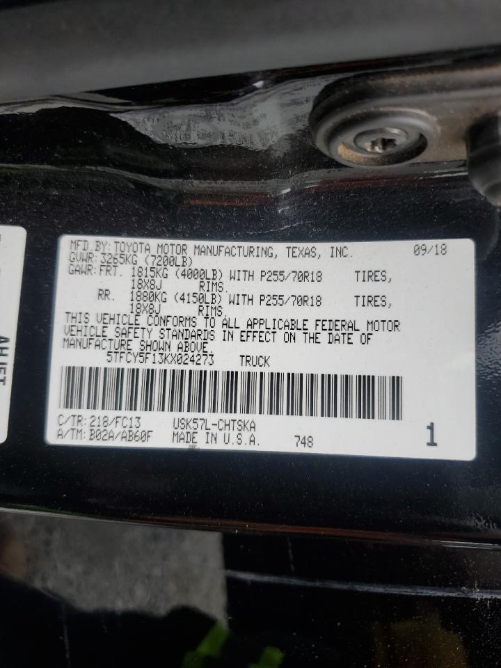 2019 Toyota Tundra Double Cab Sr VIN: 5TFCY5F13KX024273 Lot: 84196225