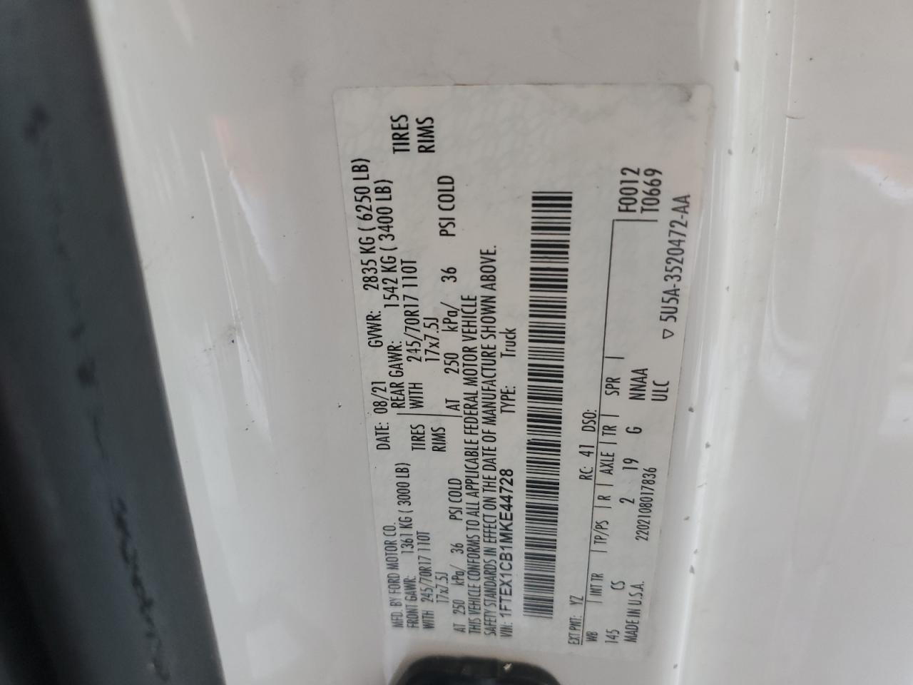 2021 Ford F150 Super Cab VIN: 1FTEX1CB1MKE44728 Lot: 80889915