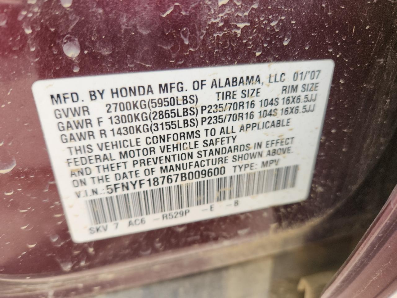 2007 Honda Pilot Exl VIN: 5FNYF18767B009600 Lot: 71366185