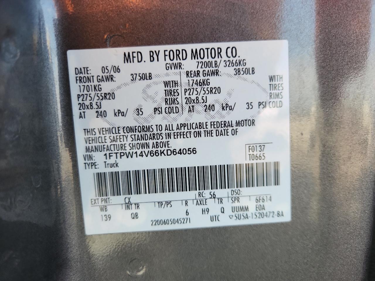 2006 Ford F150 Supercrew VIN: 1FTPW14V66KD64056 Lot: 71276435