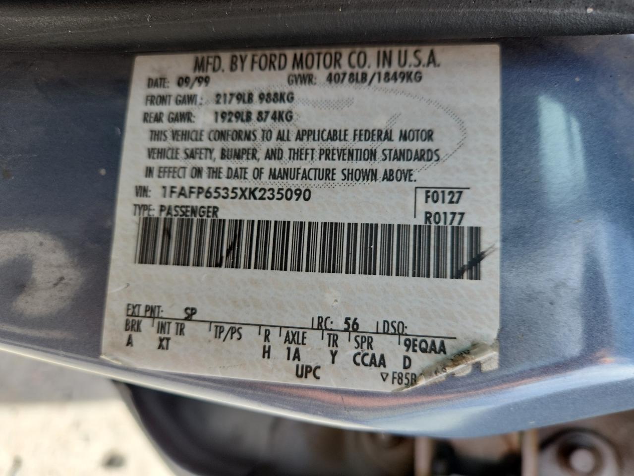 1999 Ford Contour Lx VIN: 1FAFP6535XK235090 Lot: 84621665