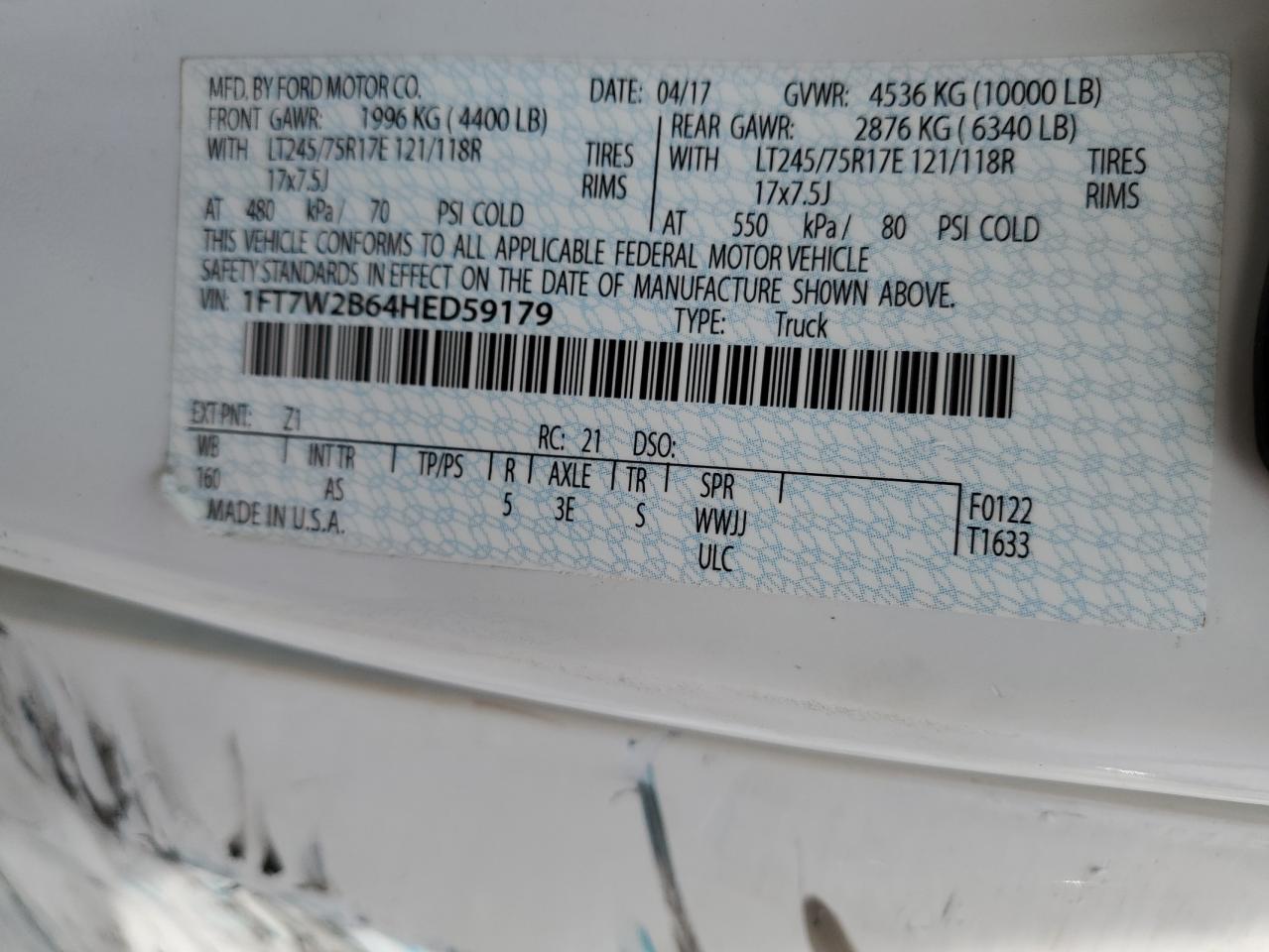 2017 Ford F250 Super Duty VIN: 1FT7W2B64HED59179 Lot: 80106985