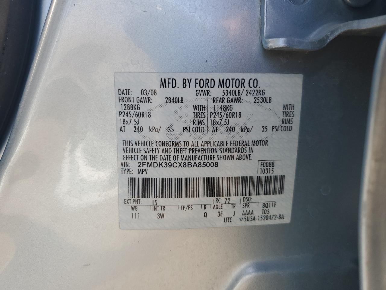 2008 Ford Edge Limited VIN: 2FMDK39CX8BA85008 Lot: 82091855