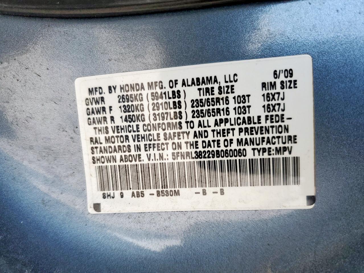 2009 Honda Odyssey Lx VIN: 5FNRL38229B060060 Lot: 81627115