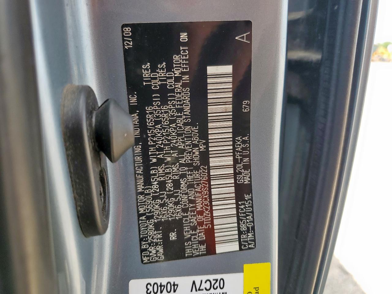 2009 Toyota Sienna Ce VIN: 5TDZK23CX9S276022 Lot: 71253545