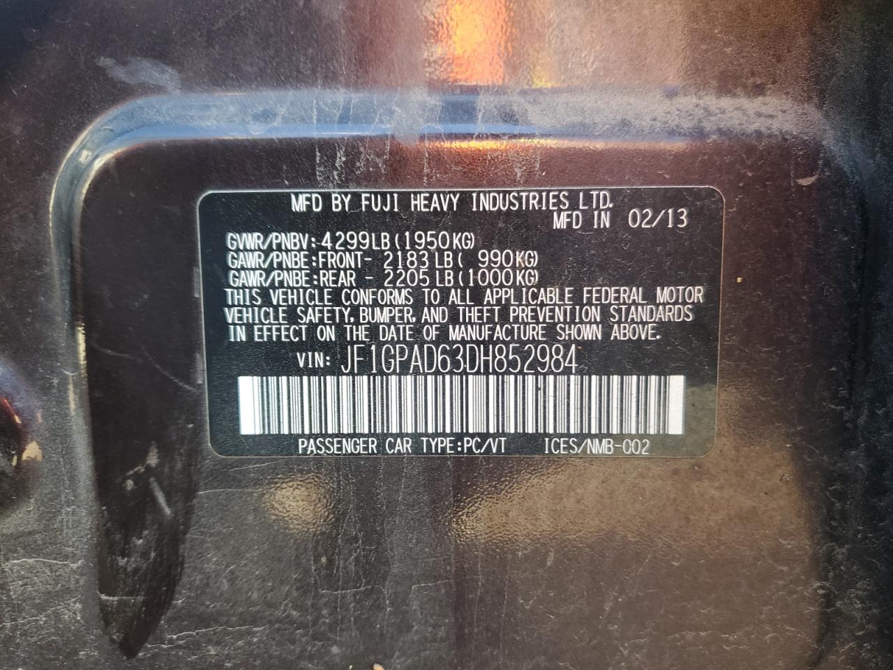 2013 Subaru Impreza Premium VIN: JF1GPAD63DH852984 Lot: 71065505