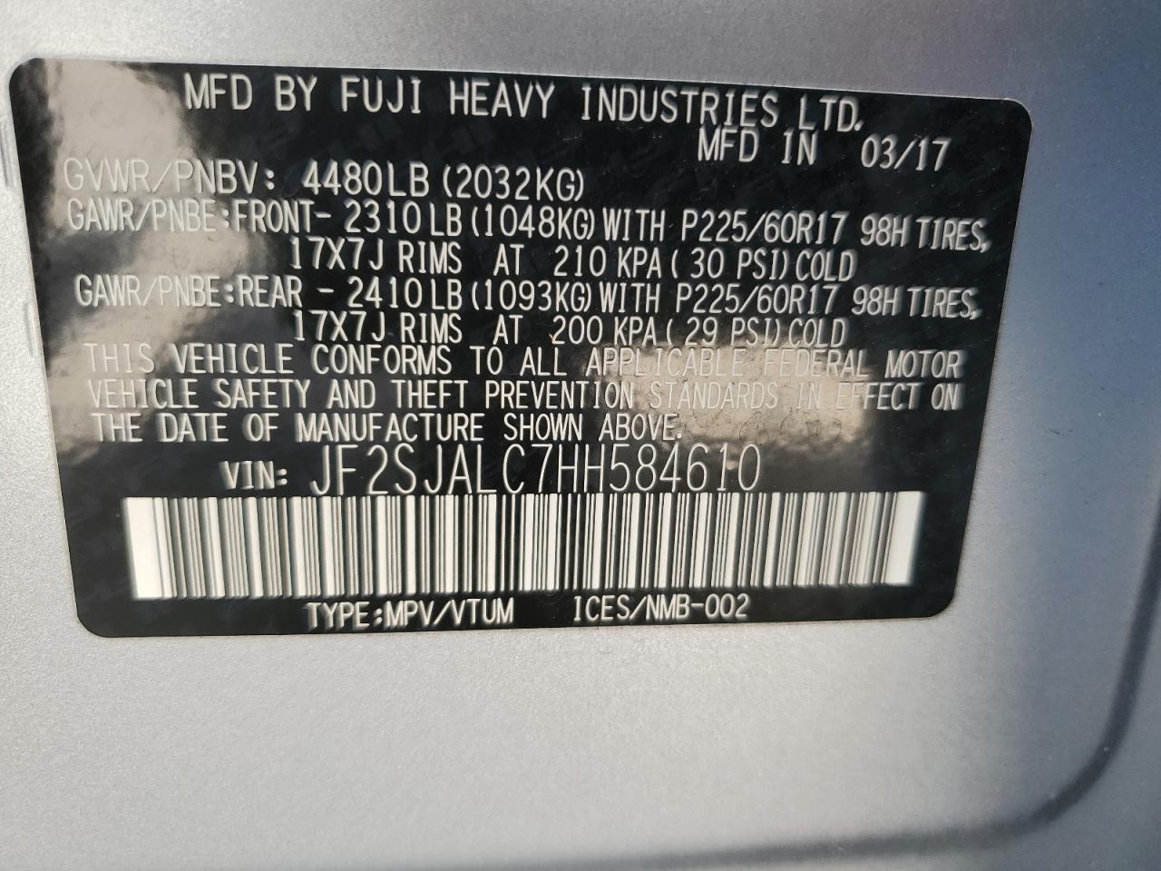 2017 Subaru Forester 2.5I Limited VIN: JF2SJALC7HH584610 Lot: 70400525