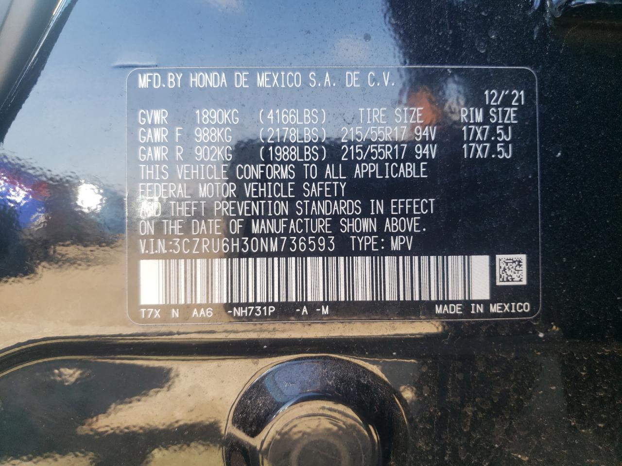 2022 Honda Hr-V Lx VIN: 3CZRU6H30NM736593 Lot: 81694295