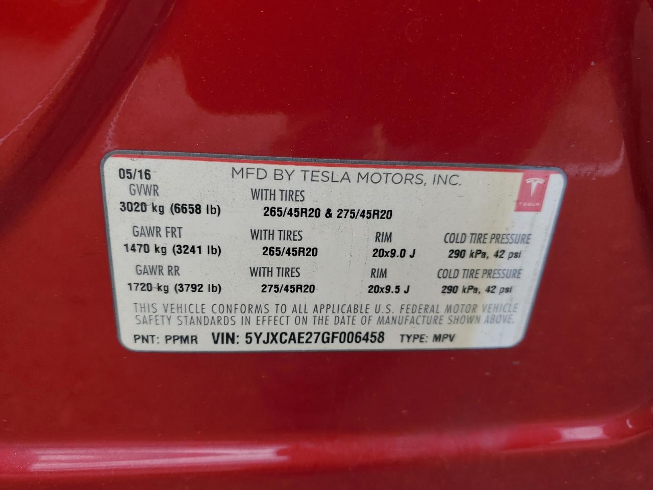 2016 Tesla Model X VIN: 5YJXCAE27GF006458 Lot: 83968615