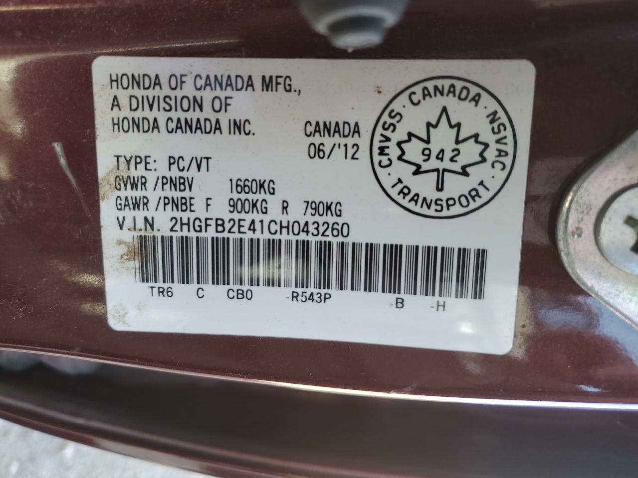 2012 Honda Civic Lx VIN: 2HGFB2E41CH043260 Lot: 82113805