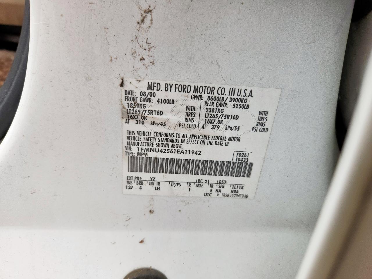 2001 Ford Excursion Limited VIN: 1FMNU42S61EA11942 Lot: 66566095