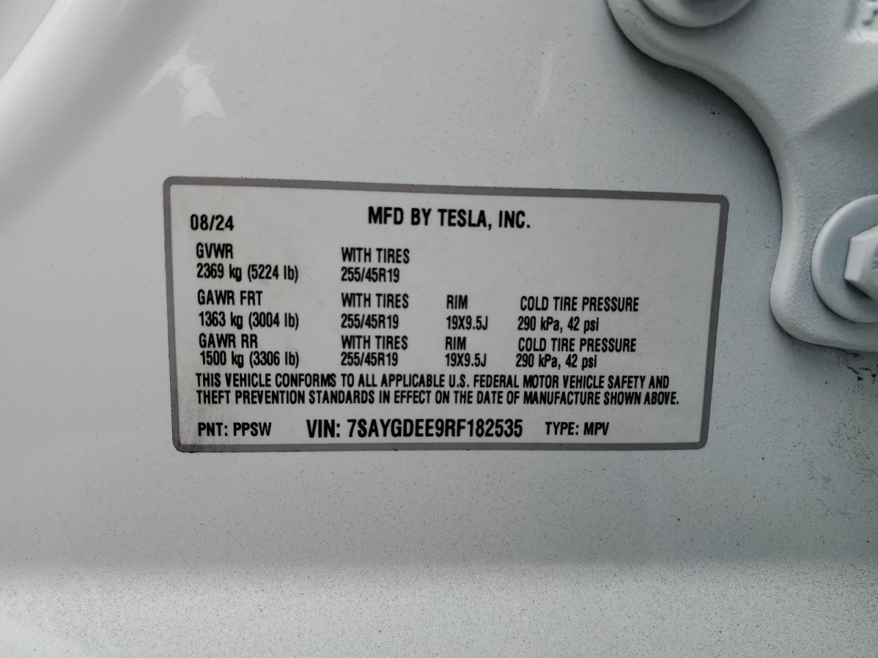 2024 Tesla Model Y VIN: 7SAYGDEE9RF182535 Lot: 71564535