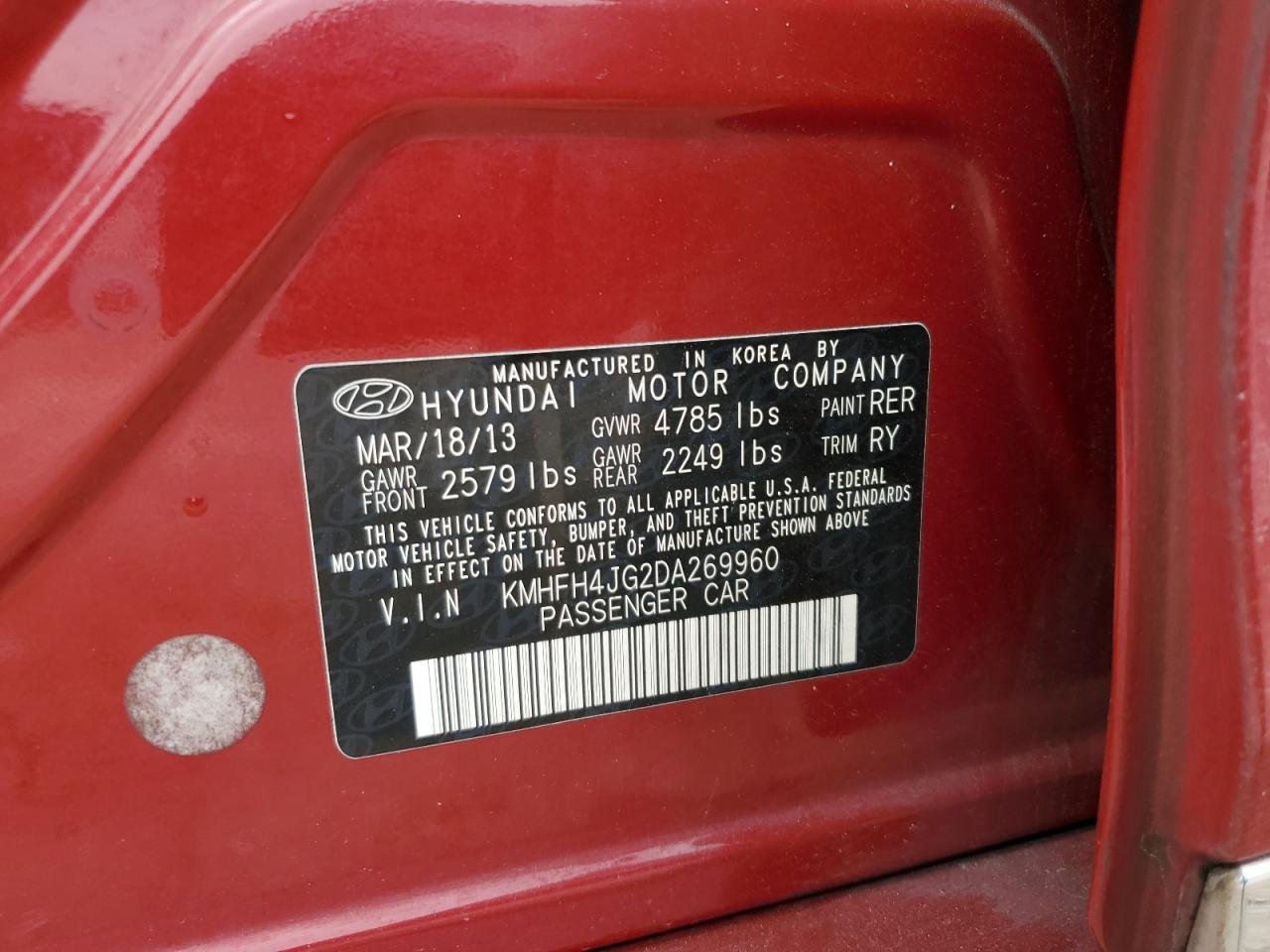 2013 Hyundai Azera Gls VIN: KMHFH4JG2DA269960 Lot: 82105665