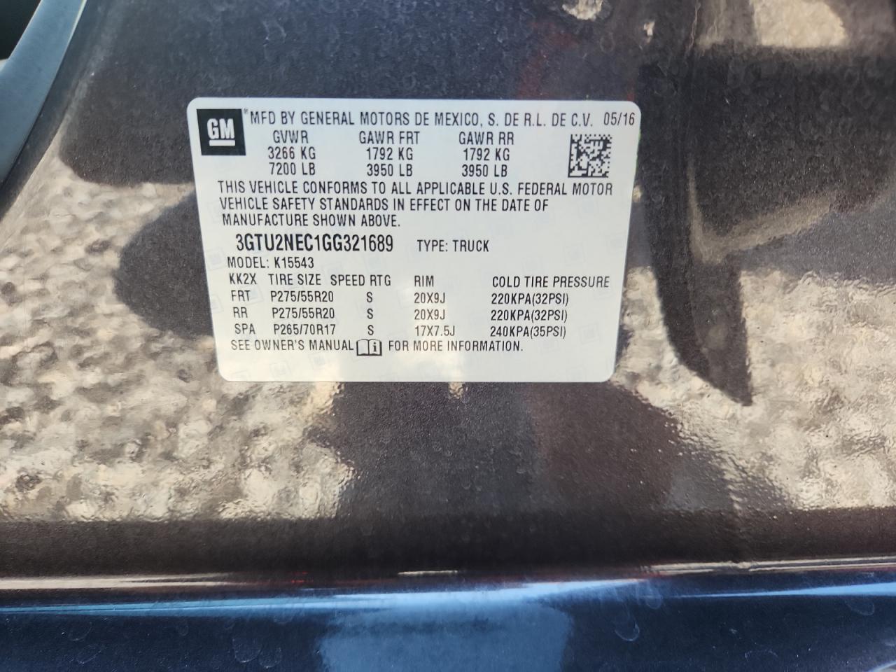 2016 GMC Sierra K1500 Slt VIN: 3GTU2NEC1GG321689 Lot: 71815385