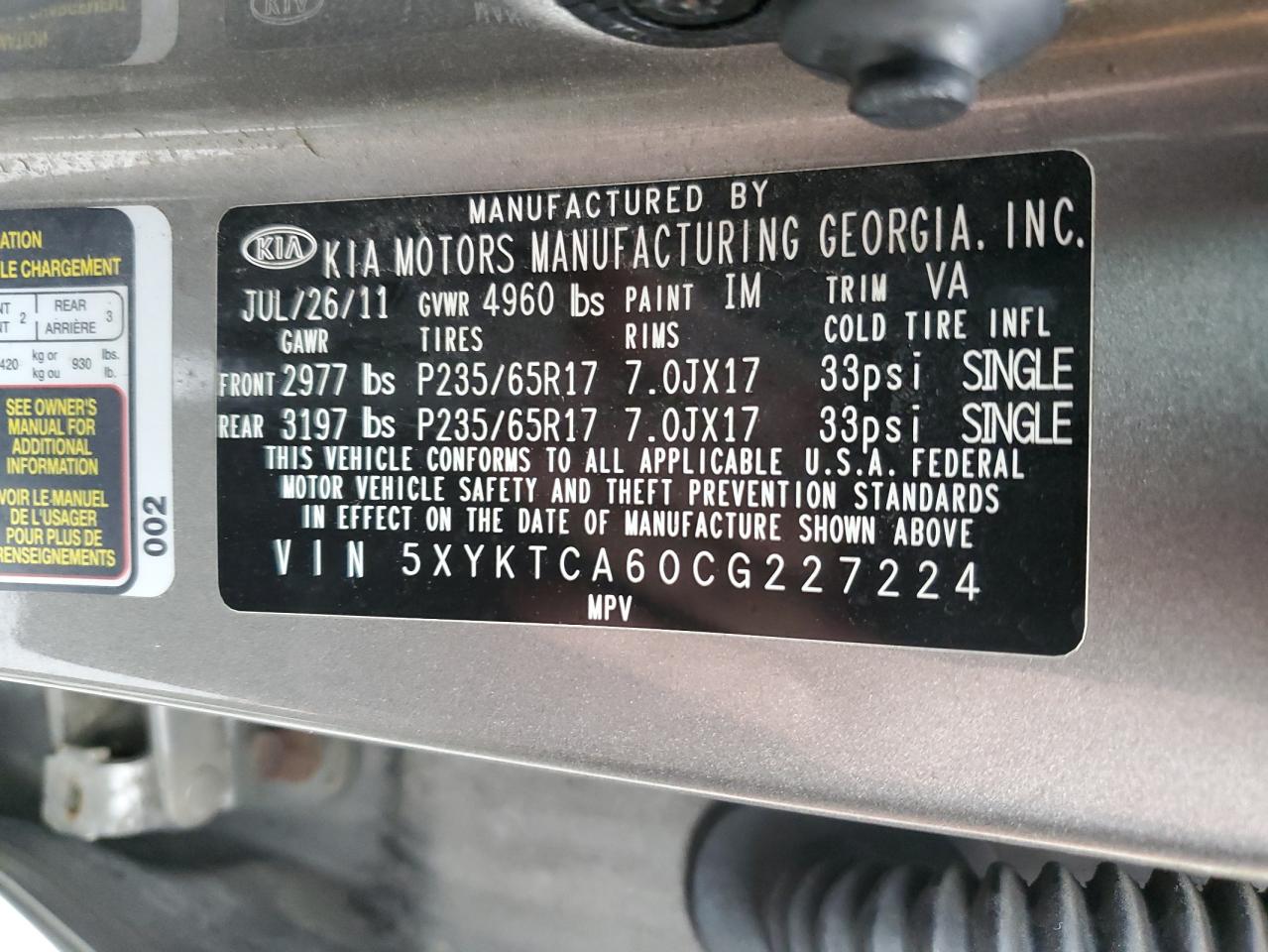 2012 Kia Sorento Base VIN: 5XYKTCA60CG227224 Lot: 81776805