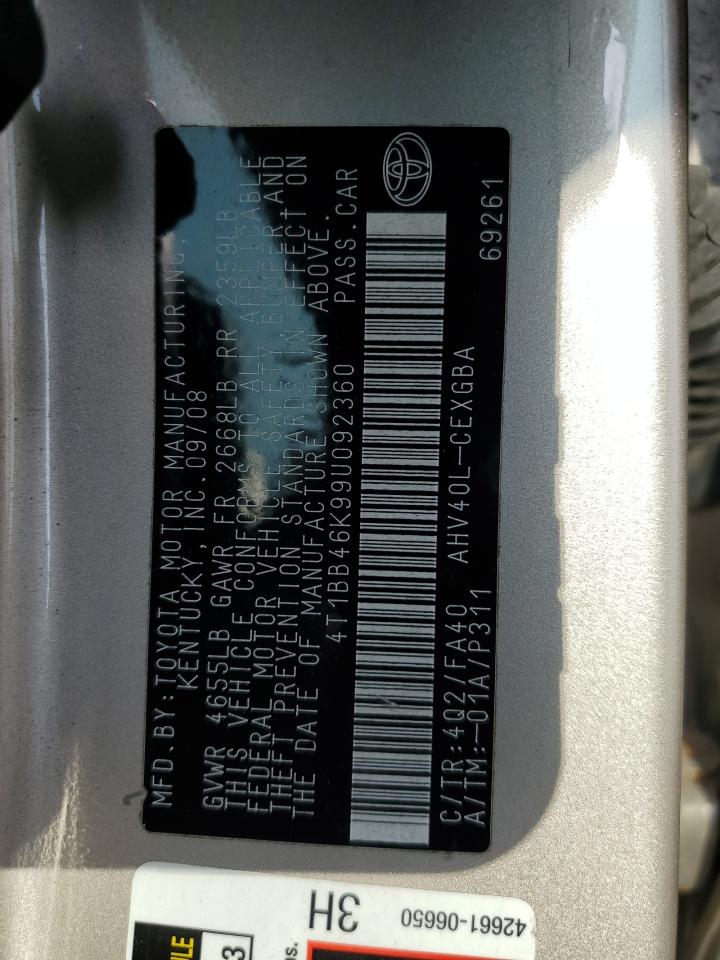 2009 Toyota Camry Hybrid VIN: 4T1BB46K99U092360 Lot: 72055265