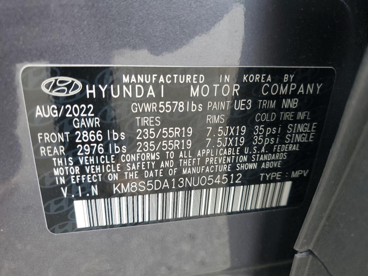 2022 Hyundai Santa Fe Limited VIN: KM8S5DA13NU054512 Lot: 71114575