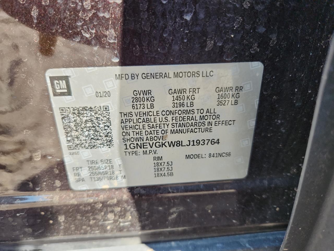 2020 Chevrolet Traverse Lt VIN: 1GNEVGKW8LJ193764 Lot: 71248095