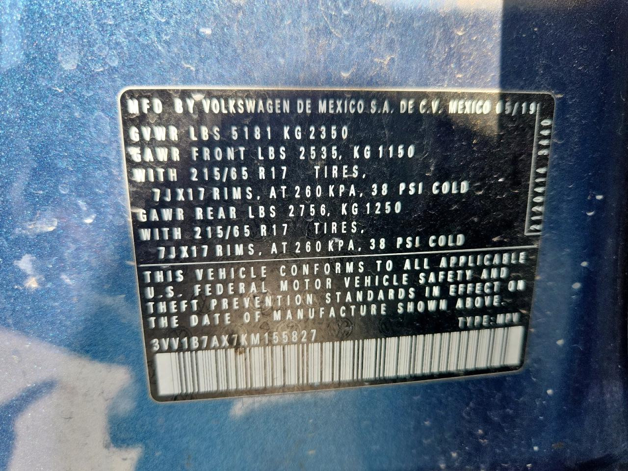 2019 Volkswagen Tiguan S VIN: 3VV1B7AX7KM155827 Lot: 82087265