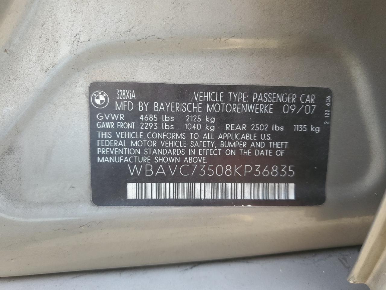 2008 BMW 328 Xi Sulev VIN: WBAVC73508KP36835 Lot: 81871465