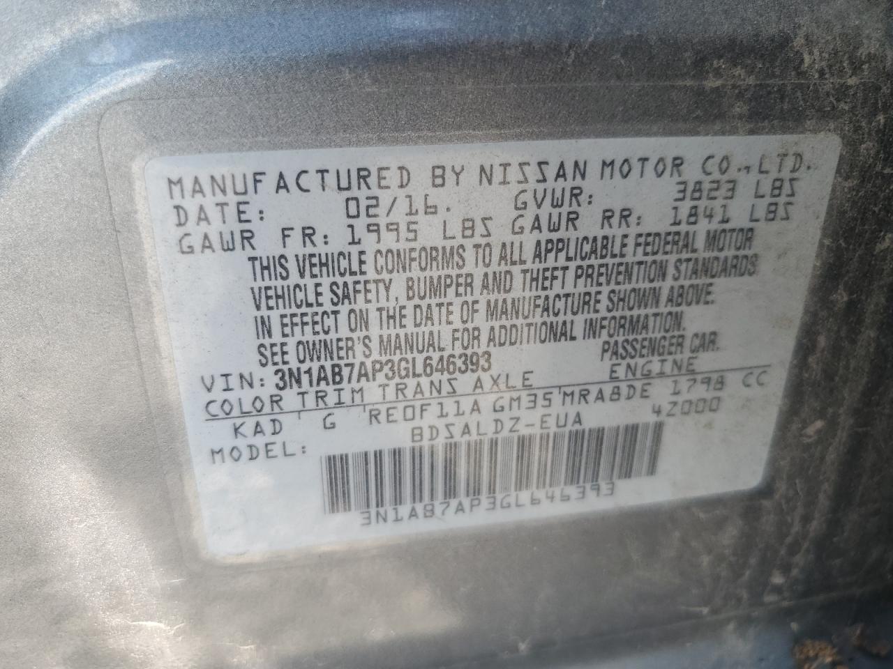 2016 Nissan Sentra S VIN: 3N1AB7AP3GL646393 Lot: 80506795