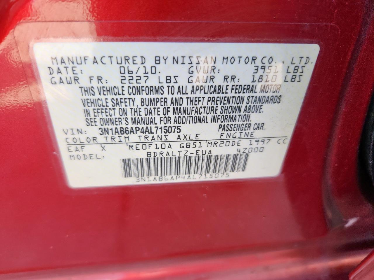 2010 Nissan Sentra 2.0 VIN: 3N1AB6AP4AL715075 Lot: 70904655