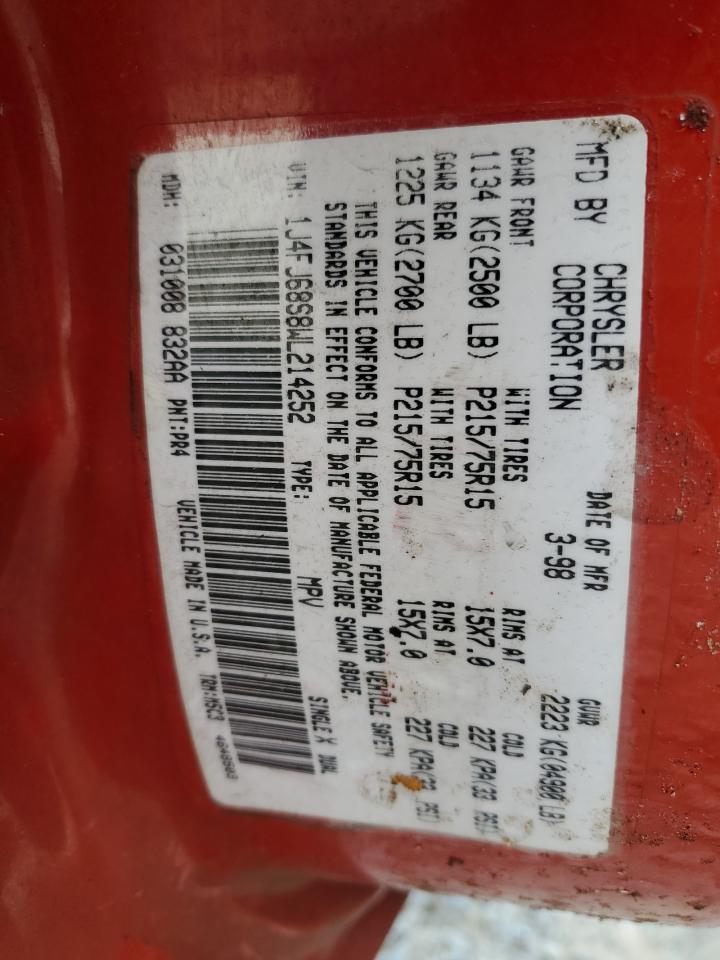 1998 Jeep Cherokee Sport VIN: 1J4FJ68S8WL214252 Lot: 72058145