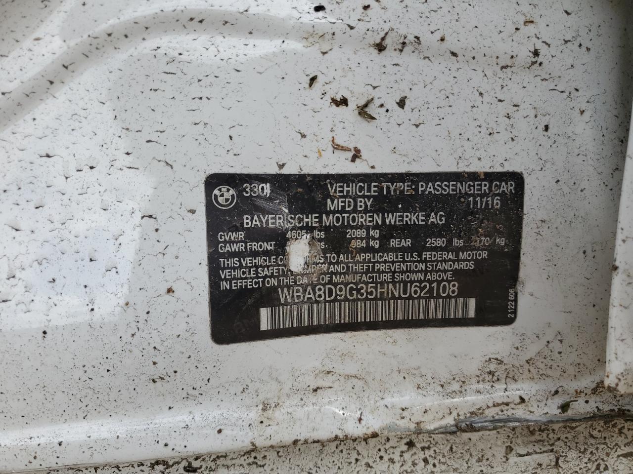 2017 BMW 330 Xi VIN: WBA8D9G35HNU62108 Lot: 81743855