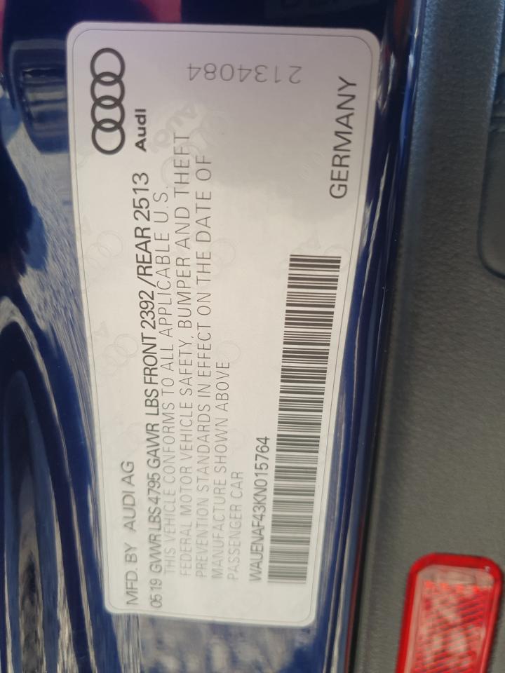 2019 Audi A4 S-Line VIN: WAUENAF43KN015764 Lot: 71607805