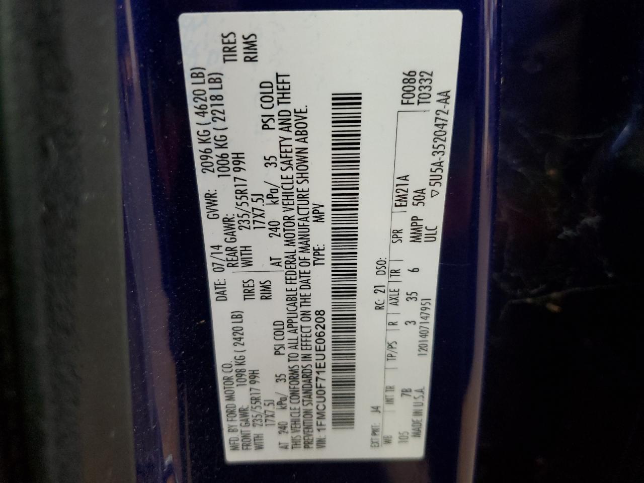 2014 Ford Escape S VIN: 1FMCU0F71EUE06208 Lot: 83966005